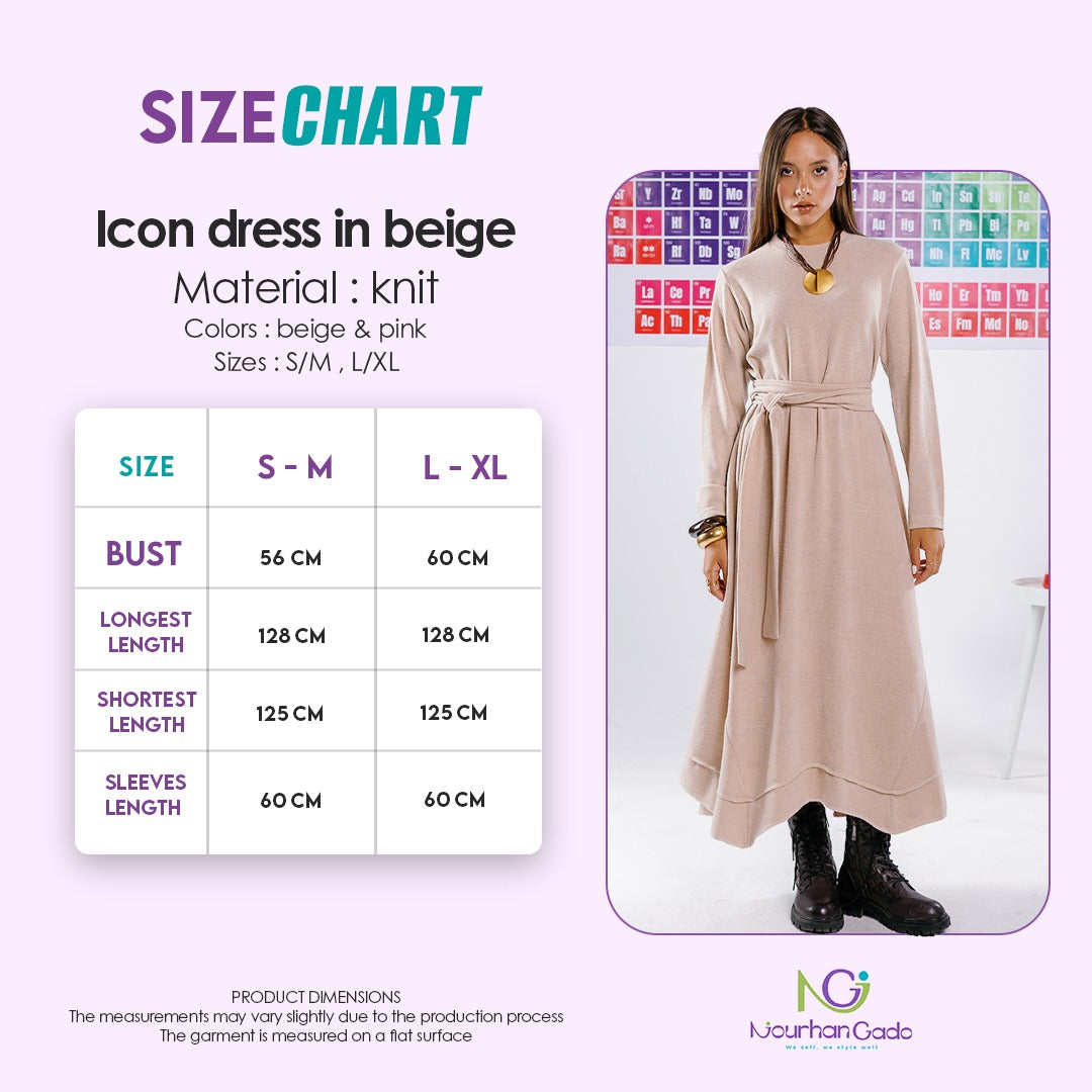 Icon dress in beige size chart