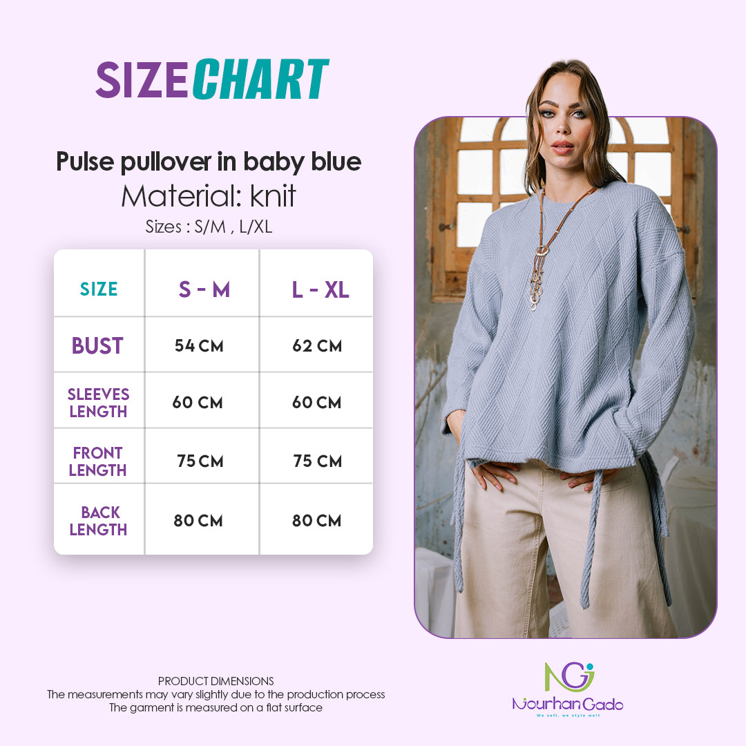 Pulse pullover in baby blue size chart