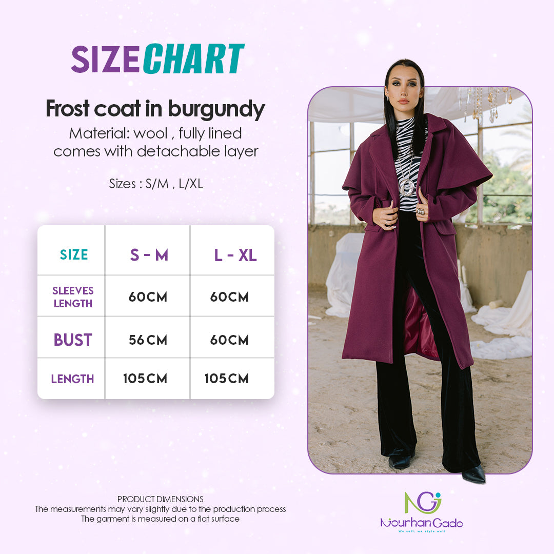 Frost coat in burgundy size chart