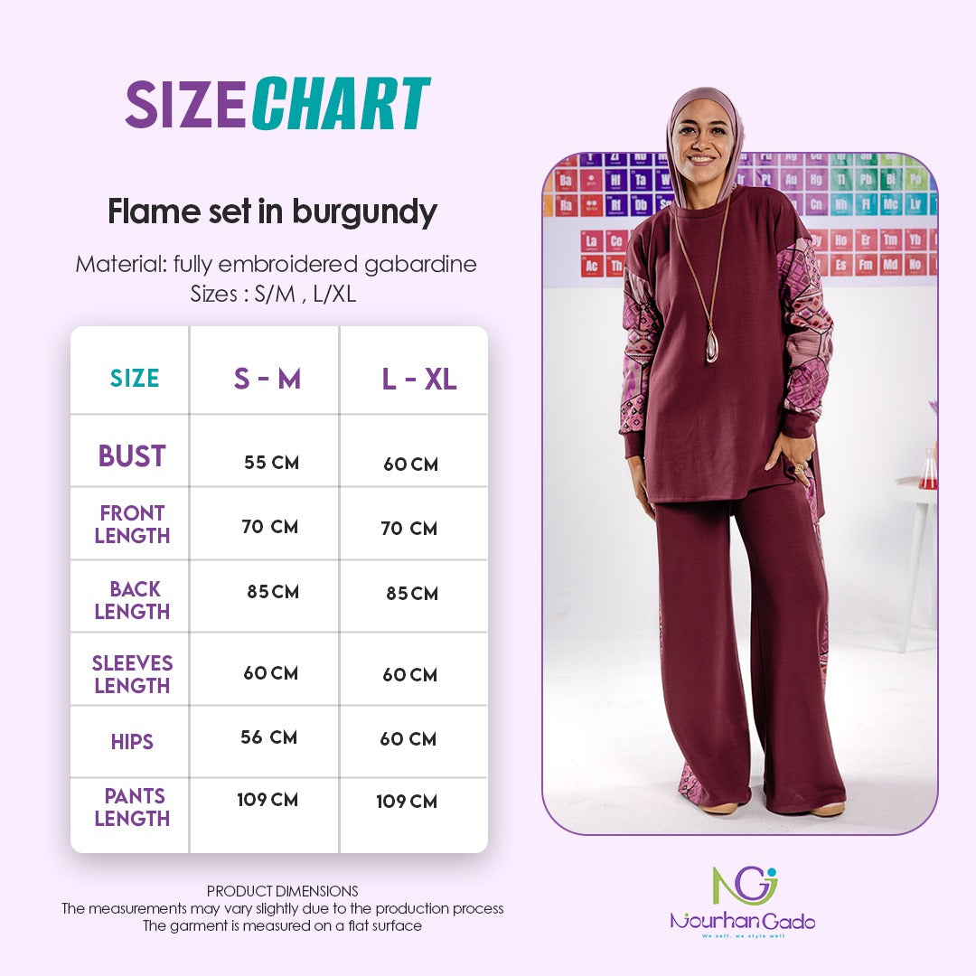 Flame set in burgundy size chart