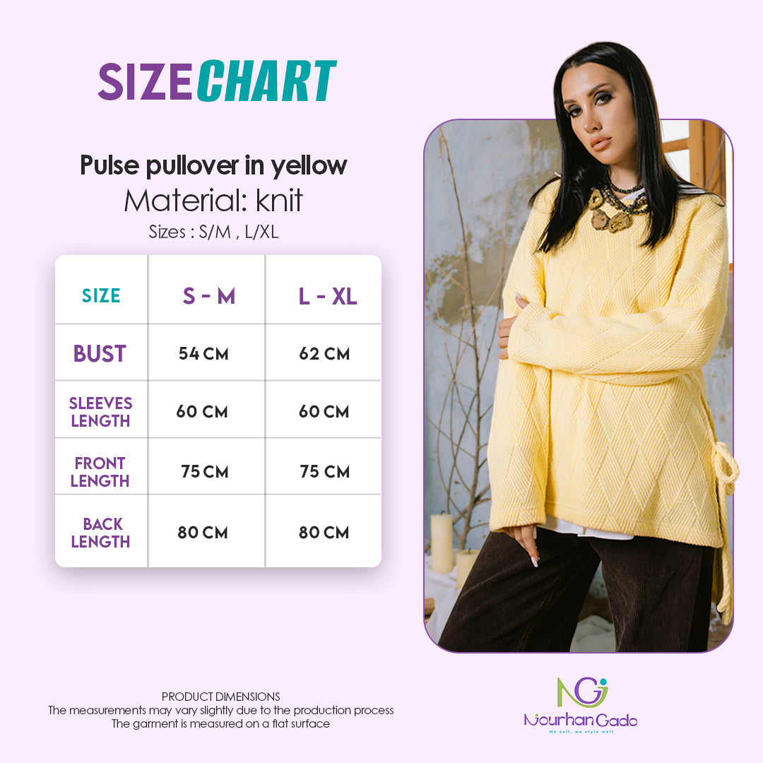Pulse pullover in yellow size chart