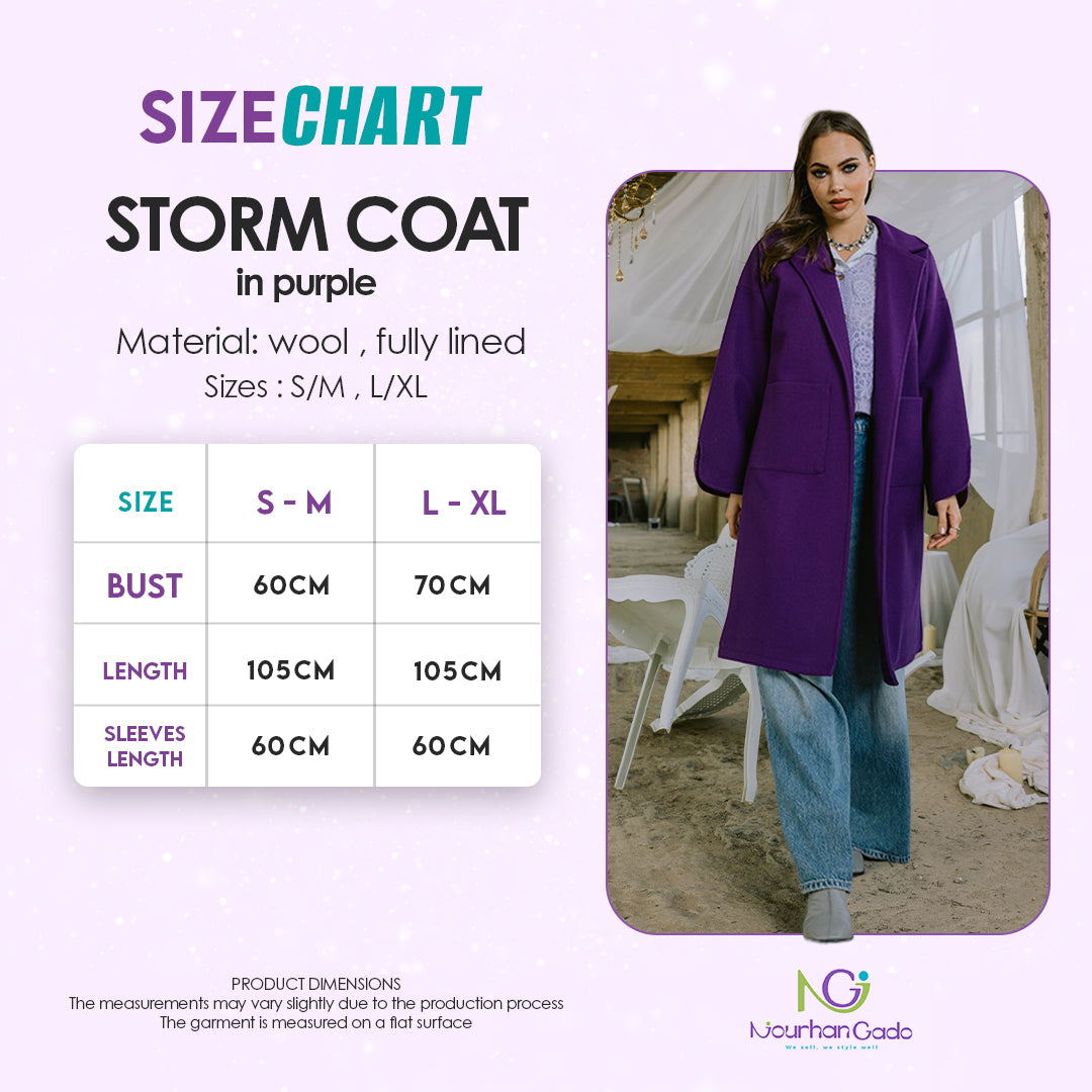 Storm coat in purple size chart